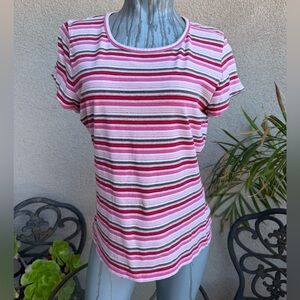 Liz Claiborne Pink and White Striped Short Sleeve Top